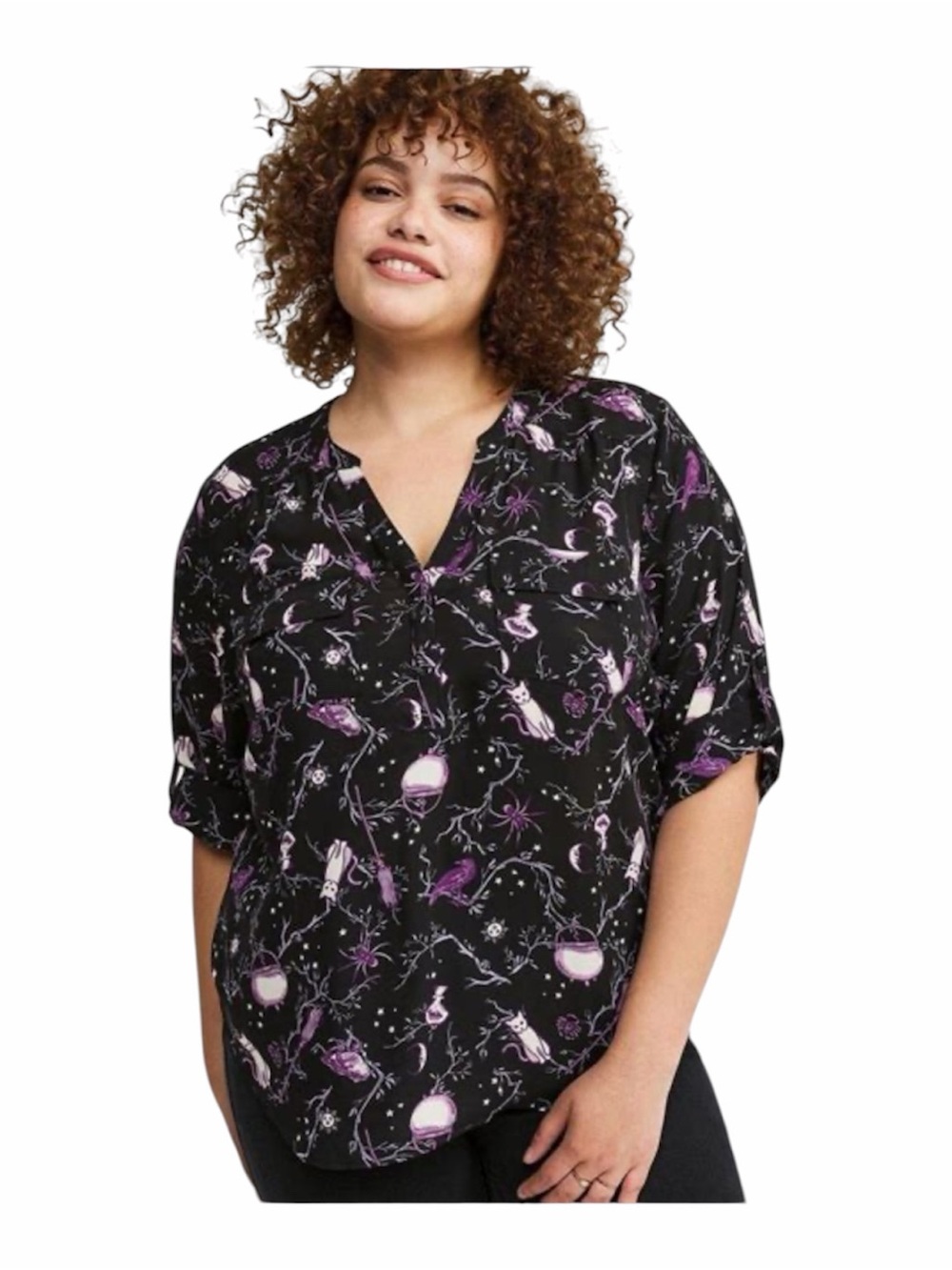 Disney Torrid Hocus Pocus black Harper 3/4 sleeve v neck blouse size 00/ 10